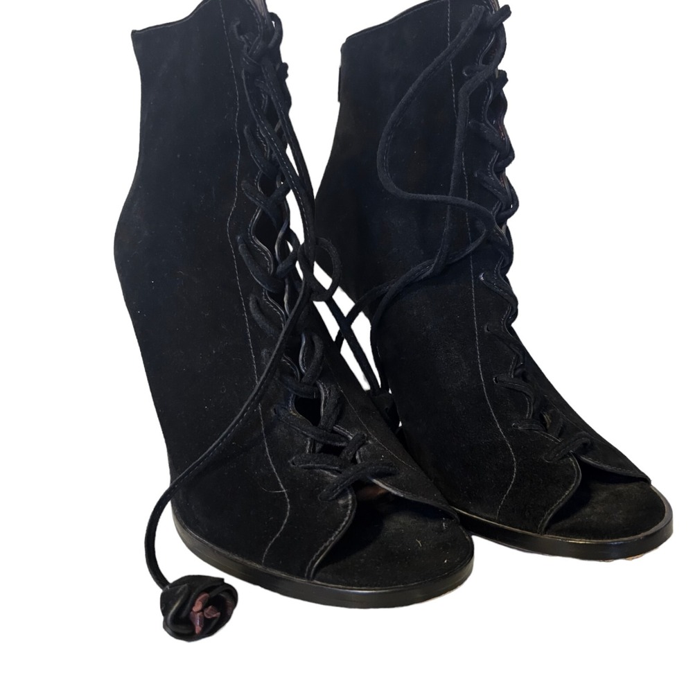 Coach Lena Black Suede Lace-Up Peep Toe Heels Sz 9.5